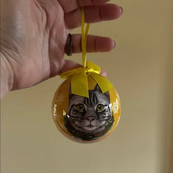 Gray Cat Yellow Ornament with Ribbon - Picture 1 of 6